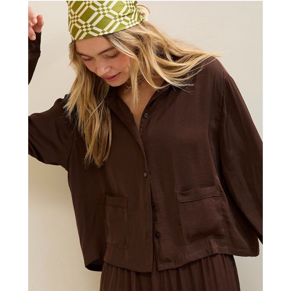 NEW Aerie Womens Pajama top L Satin Cropped Long Sleeve sleep button shirt brown